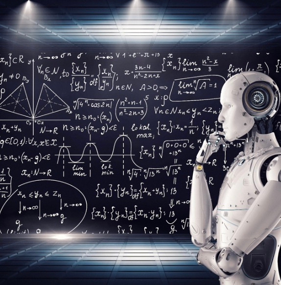 A robot standing in front of a blackboard full of math formulas