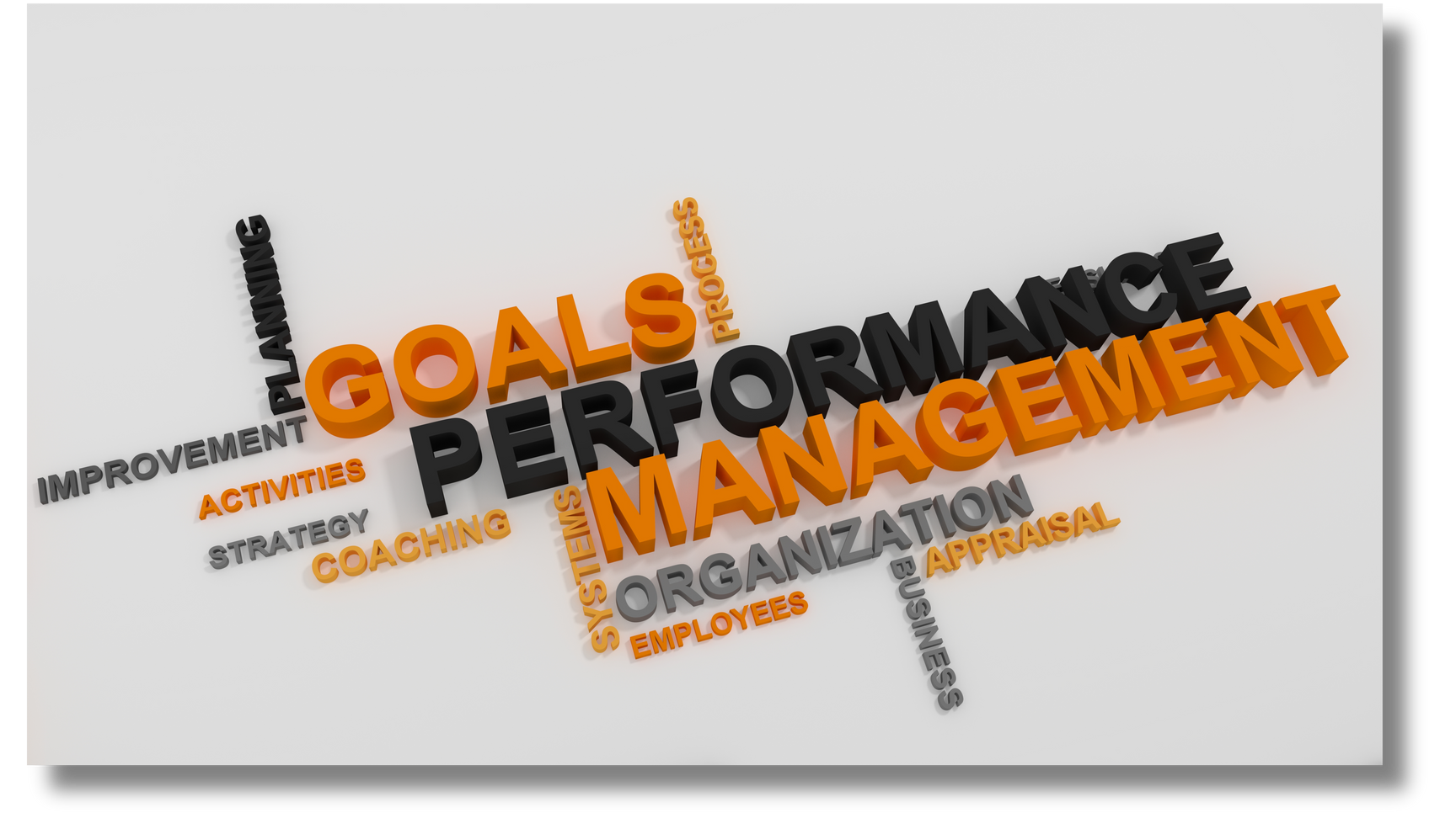 Word board containing the words goals, performance, management, and organization in large font - planning, improvement, activities, strategy, coaching, progress, systems, employees, business, and appraisal in small font